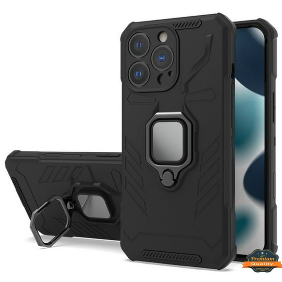 For Apple iPhone 13 Pro (6.1") Shock-Proof Case with Magnetic Car Mount Kickstand Ring Holder Texture Hybrid Dual Layer Phone Case Cover by Xpression [Black]