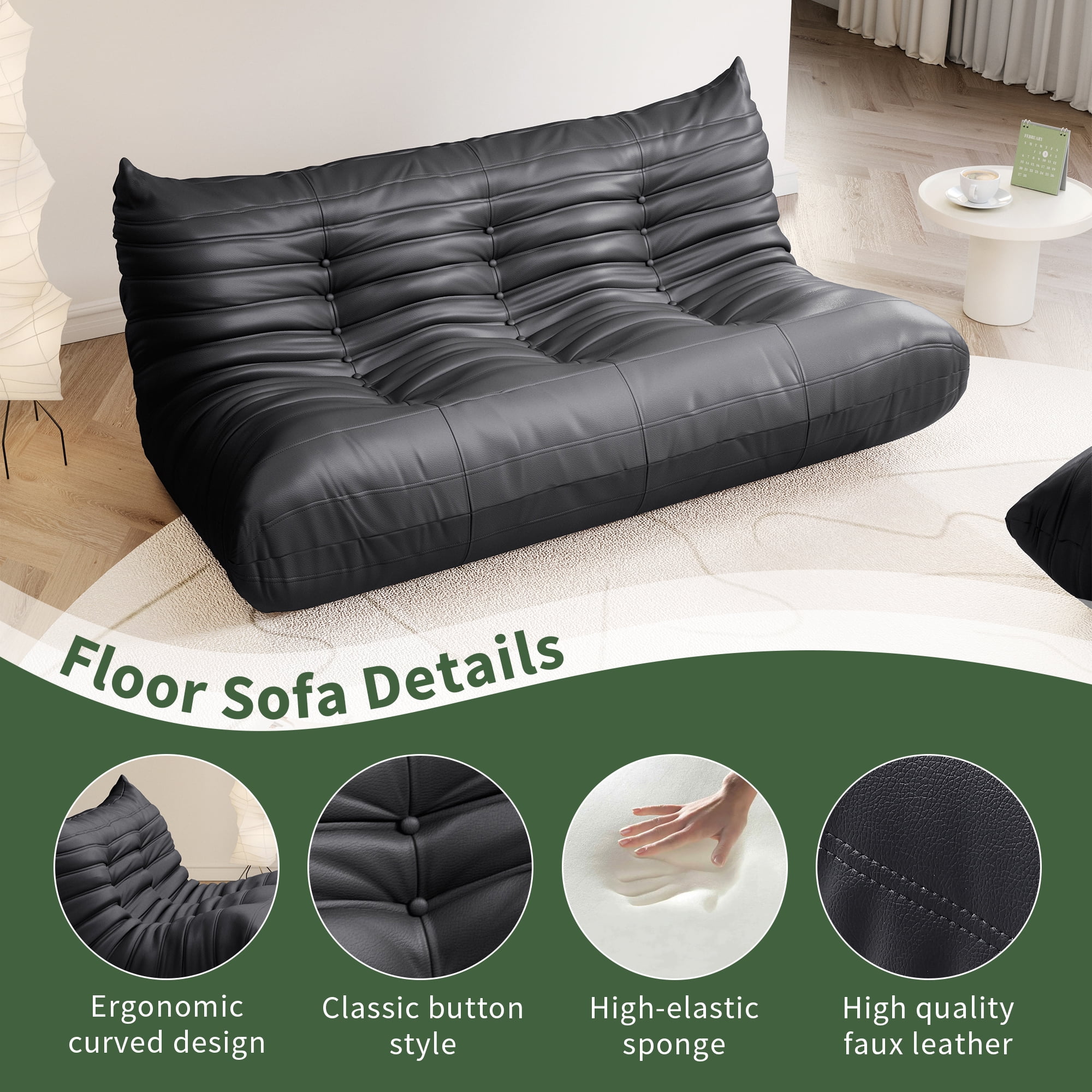 Gtilzria Lazy Sofa, Bean Bag Chair for Adults Floor Couch, 3 Seat Fireside Chair with Ergonomic Design Modern Faux Leather Lounge Chair for Living Room, Bedroom, Black