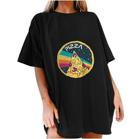 

cute tops for women Women s Short Sleeve Summer Pizza Printed Casual Top Pullover T-shirt Round-Neck Shirts for Women Black XL