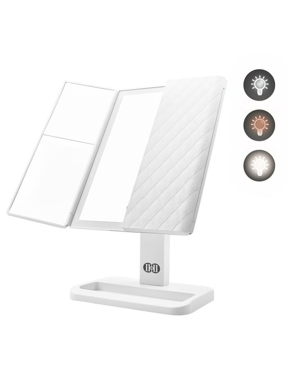 CIICII Tri-Fold Lighted Vanity Makeup Mirror with 72 LED Lights, Touch Screen and 3X/2X/1X Magnification, Two Power Supply Modes Make Up Mirror,Travel Mirror