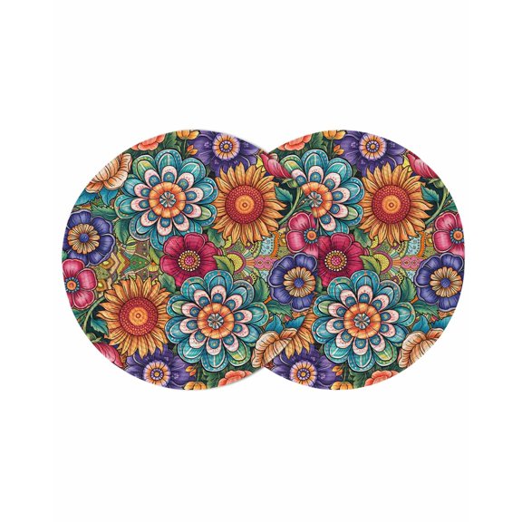 Boho Teal Flower Round 13 Inch Placemats Set of 2, Spring Bohemia Chic Red Yellow Floral HeatResistant Non Slip Place Mats for Dining Table, Wipeable Braided Kitchen Table Mats for Housewarming
