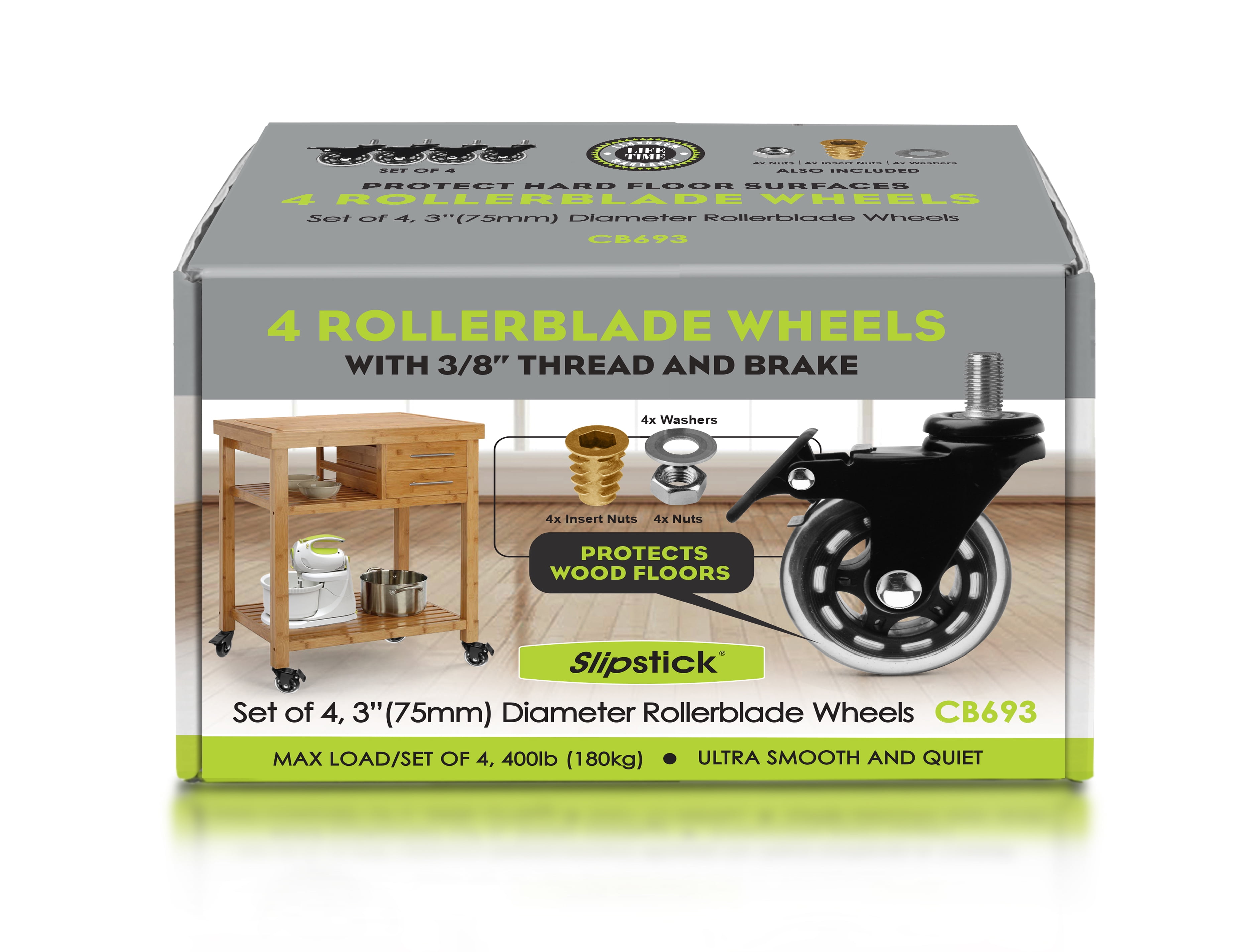 Slipstick CB693 Premium 3 Inch Rubber Caster Wheels with Brake (4 Pack) Replacement Rollerblade Style Swivel Casters with 3/8”– 16x1” Threaded Stem, Includes Mounting Hardware, Black / Clear Castor