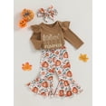 thumbnail image 3 of Liacowi 3PCS Baby Girl Halloween Clothes Set 3 6 12 18 Months Newborn Letter Pumpkin Print Long Sleeve Romper + Flared Pants + Headband Infant Fall Halloween Outfits, 3 of 9