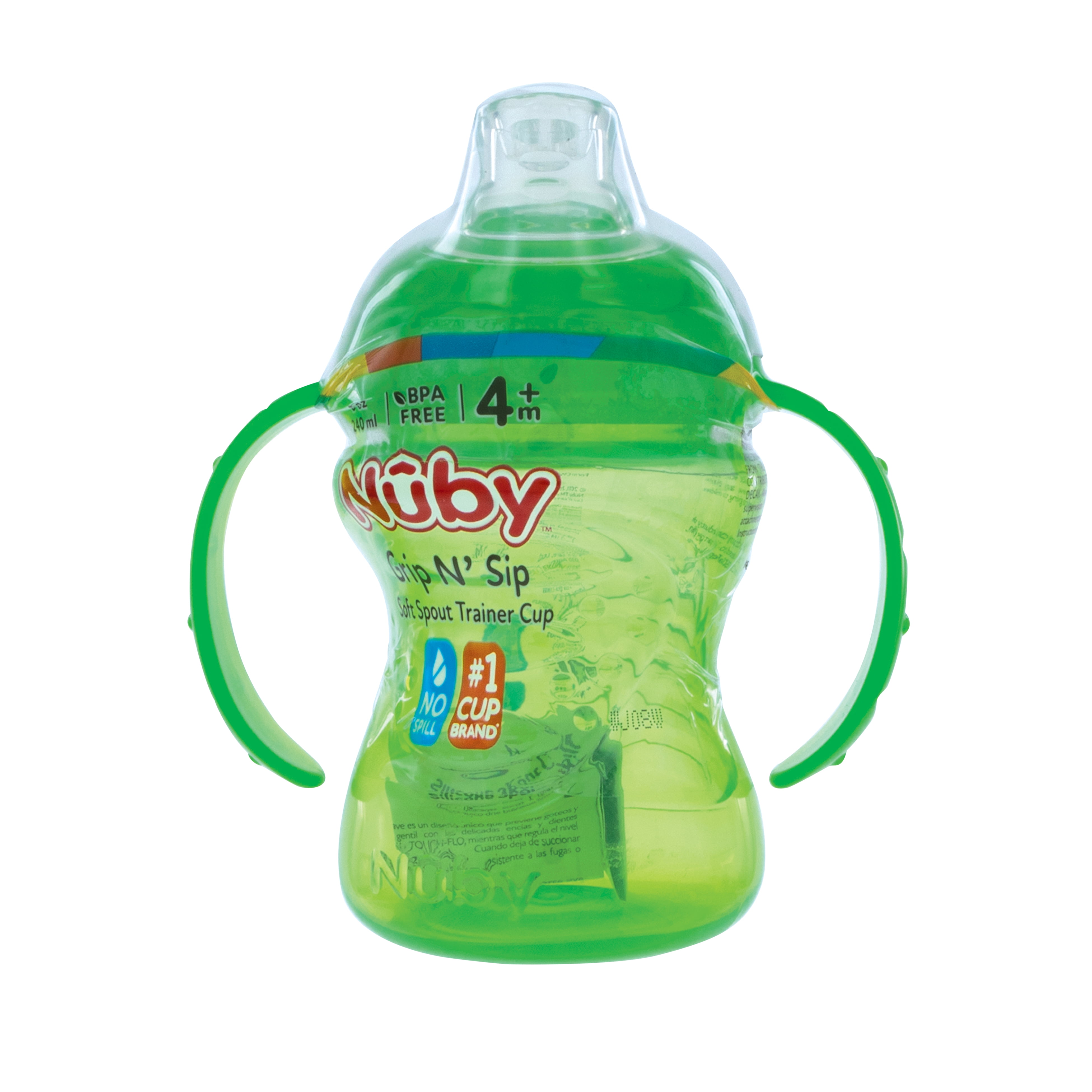 (3 pack) Nuby No-Spill Grip N' Sip Green Soft Spout Sippy Cup, 8 fl oz