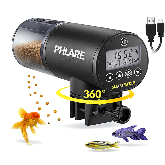 PHLARE AQUATICS Automatic Fish Feeder, Rechargeable 200ml Food Dispenser with Programmable Timer for Freshwater and Saltwater Tanks