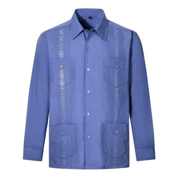 Mens Button Down Shirt Mens Tee Shirt X Short V Neck T Shirts Short Tee Button Blouse down T Large B Tall Soft Printed Sleeve Men's Guayabera Long Sleeve Up Cuban Beach Casual Dark Blue XL
