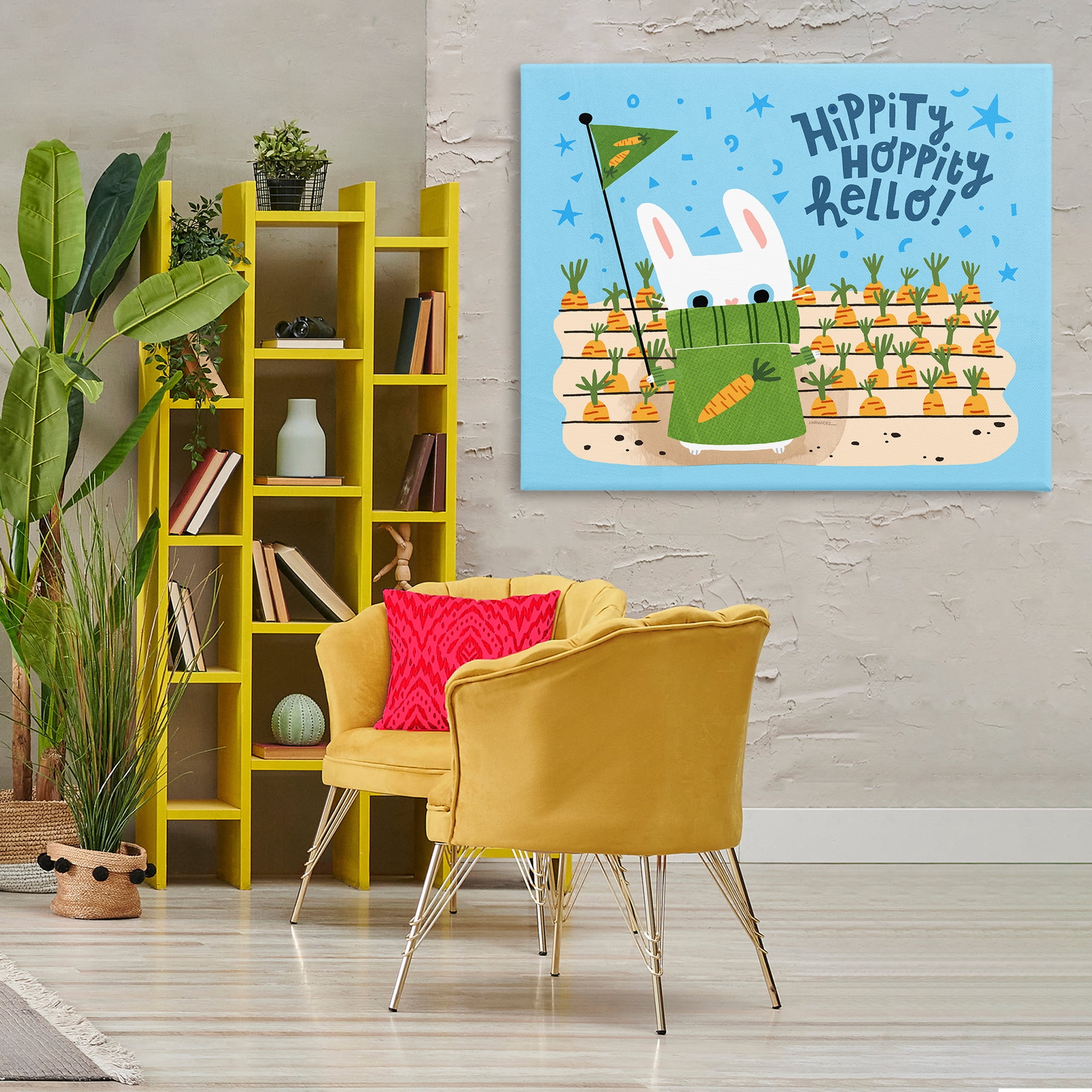 Stupell Industries Hippity Hoppity Hello Bunny Animals Painting Wrapped Canvas Art Print Wall Art, 48 x 36