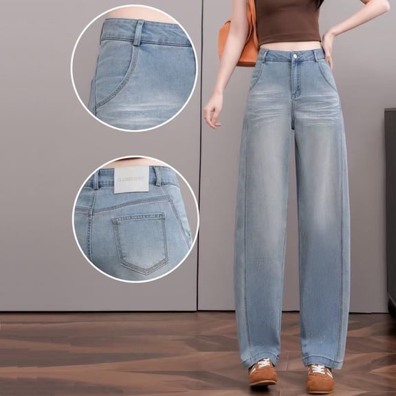 High-waisted slightly curved knife-shaped jeans for ladies in summer, loose straight-leg pants in light blue washed denim.