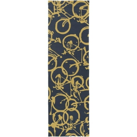 - 2.5' x 8' On The Go Bicycle Gold and Dark Blue Hand Hooked Area Throw Rug Runner