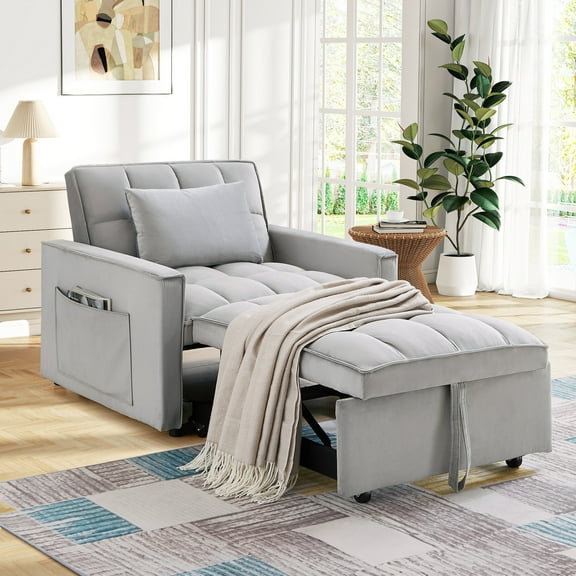 Lunale 4-in-1 Convertible Sleeper Sofa Chair Bed for Adult, Lounge Chair Indoor, Modern Single Couch for Living Room, Small Spaces, Gray Velvet