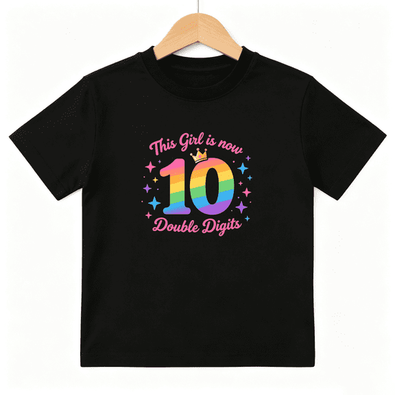 10th Birthday Girls Graphic Tee, Cute Rainbow Double Digits Crown 100% Cotton Kids Short Sleeve T-Shirt