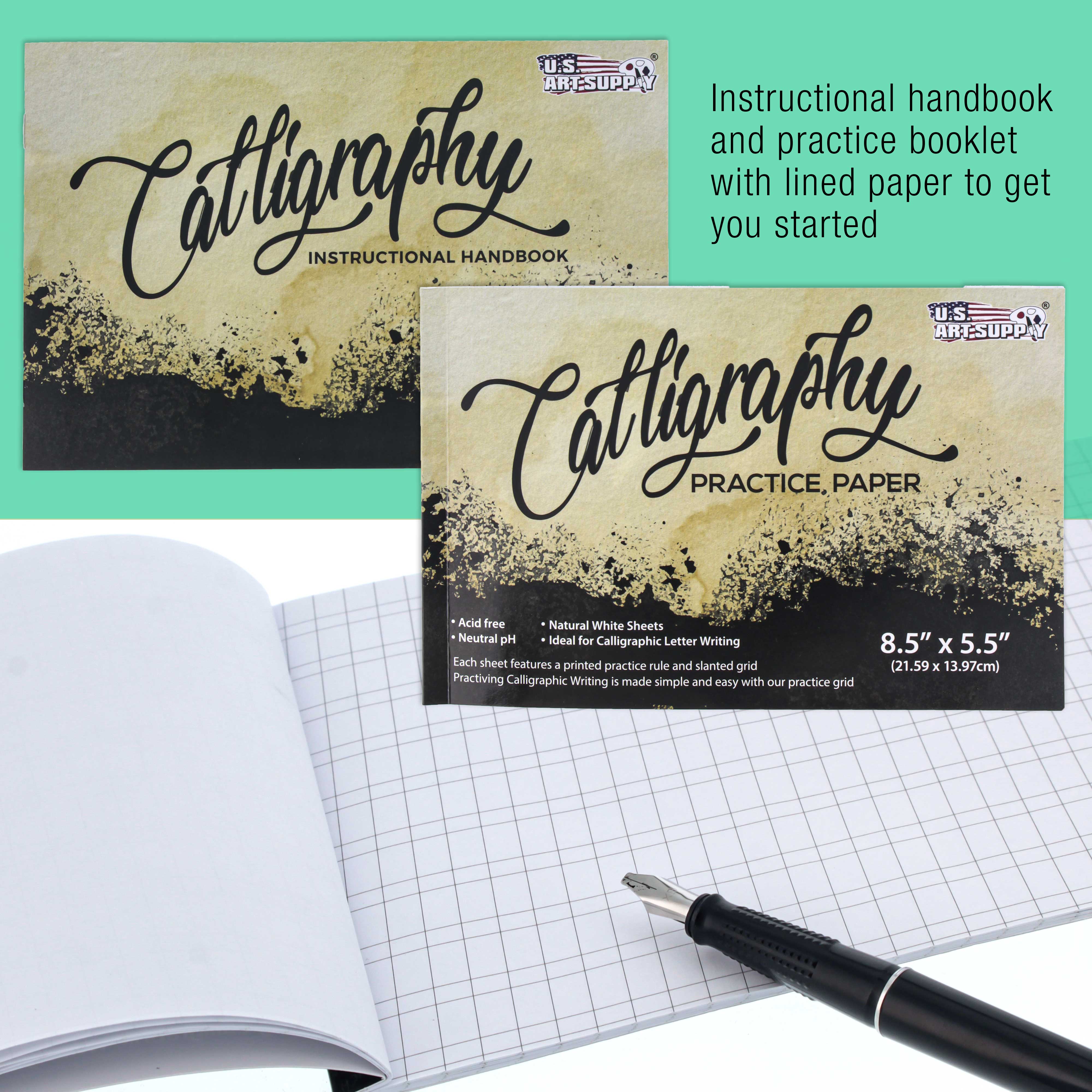 U.S. Art Supply 35-Piece Calligraphy Pen Writing Set - 4 Calligraphy Pens, 5 Size Styles of Pen Nibs, 22 Ink Cartridges, Instructional Handbook, Practice Paper Pad - Kids, Students, Adults Starter Kit