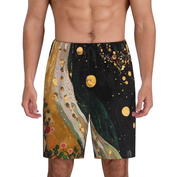 Balery Abstract Gold Floral Galaxy Pantalones cortos de pijama de punto de algodón para hombre con cinturilla y bolsillos-Large