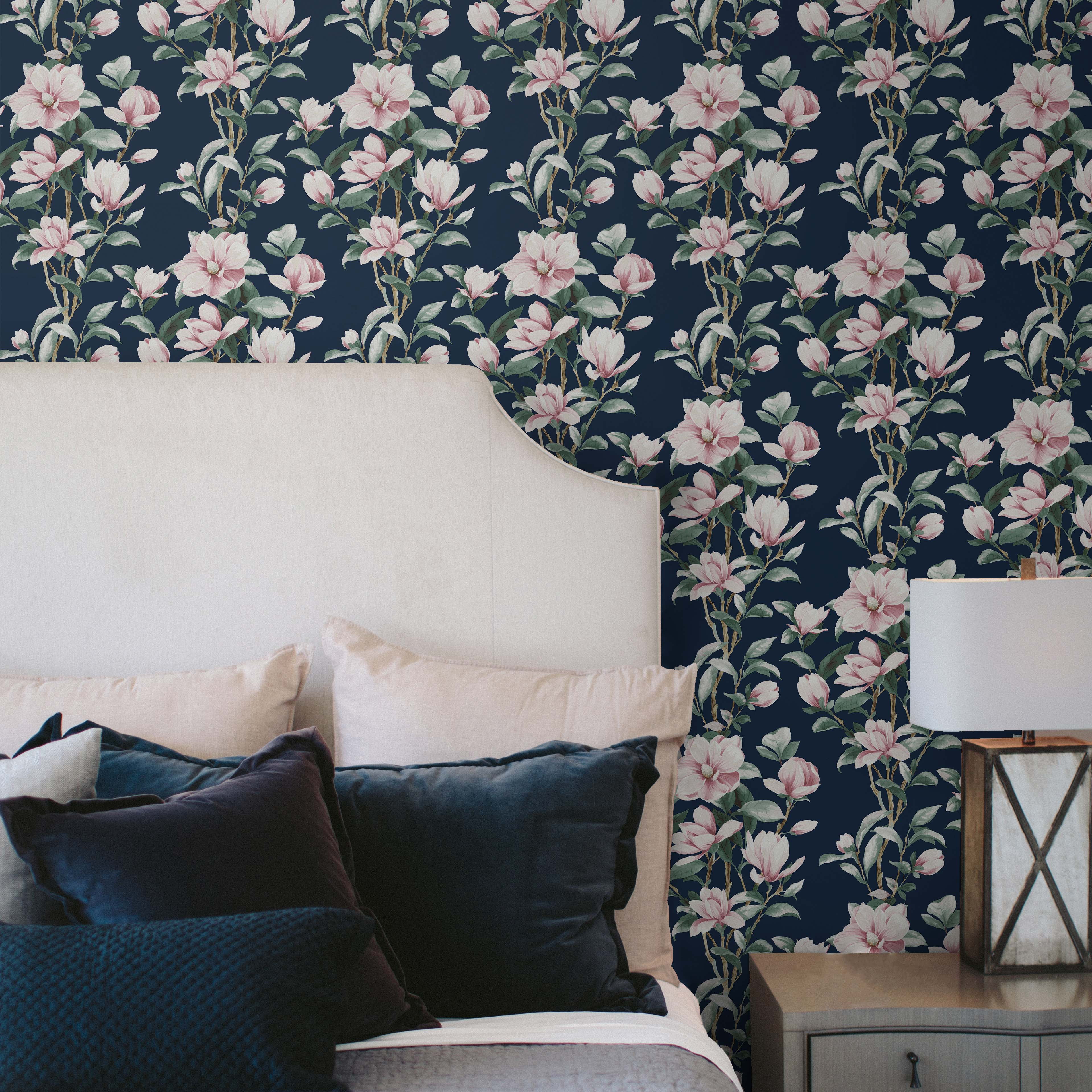 NextWall Navy & Blush Magnolia Trail Peel and Stick Wallpaper