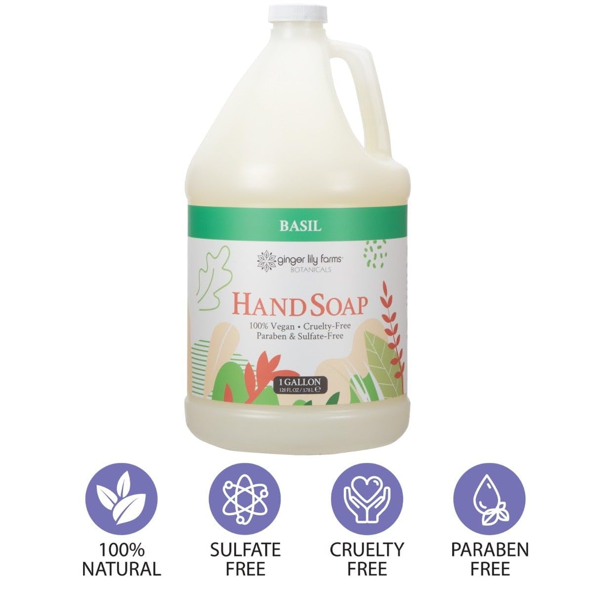 Ginger Lily Farms Botanicals All-Purpose Liquid Hand Soap Refill, 100% Vegan & Cruelty-Free, Basil Scent, 1 Gallon (128 fl oz)