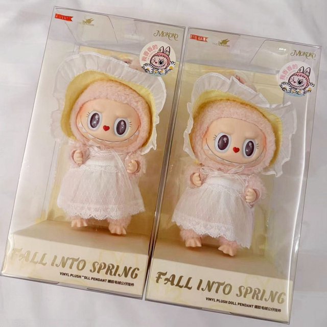 Nueva réplica 1:1 de la serie Labubu Mokoko rosa, flor de primavera, novia, edición limitada, muñecas de vinilo, mochila Kawaii, colgante, regalos de navidad