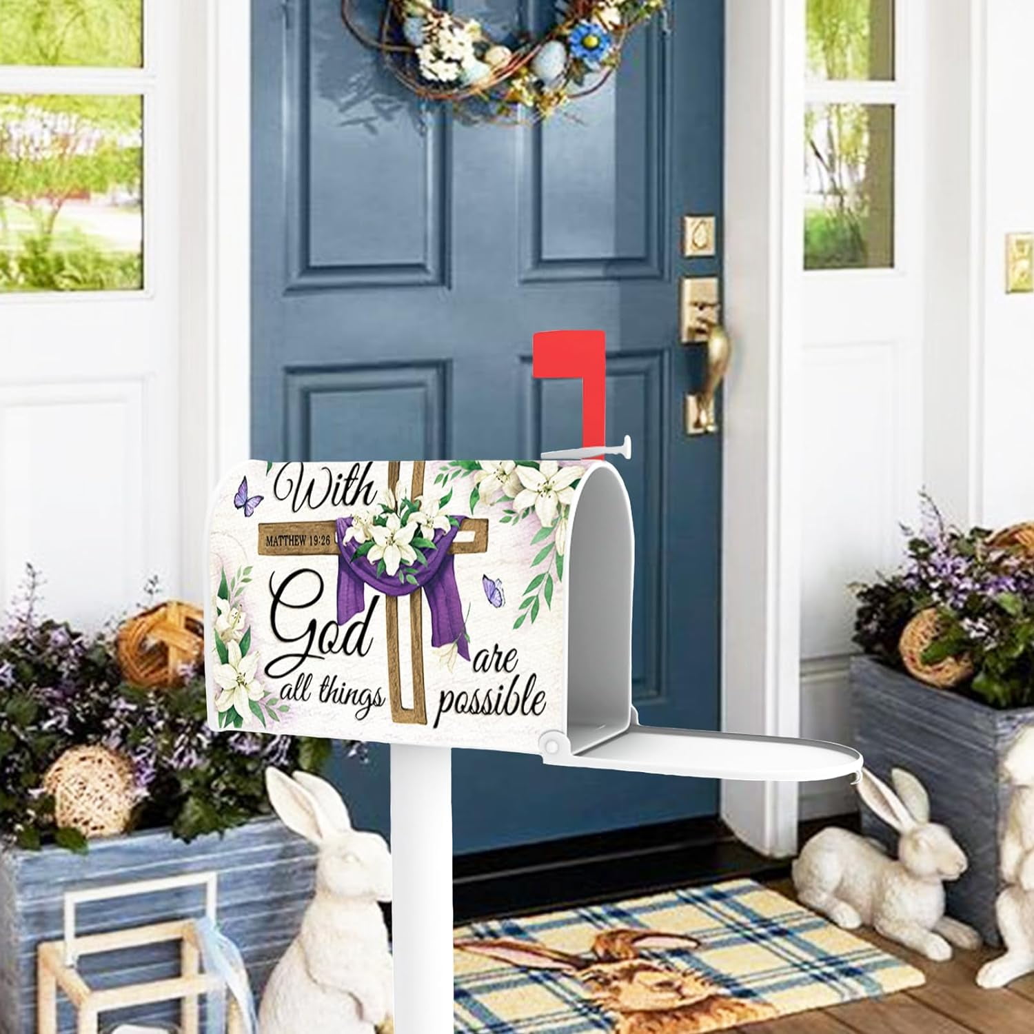 Easter with God All Things are Possible Mailbox Cover Magnetic Standard Size 21"x19", Religious Cross Decorative Post Letter Box Wrap Decor, Spring Summer Lily Garden Yard Outdoor Decoration