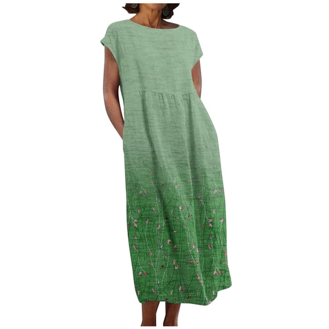 CHOK Robe pour Femme Grande Taille Décontractée à Manches Courtes, Col Rond, Coupe Ample, Robe d'Été Unie en Lin, Midi Ample et Confortable avec Poches