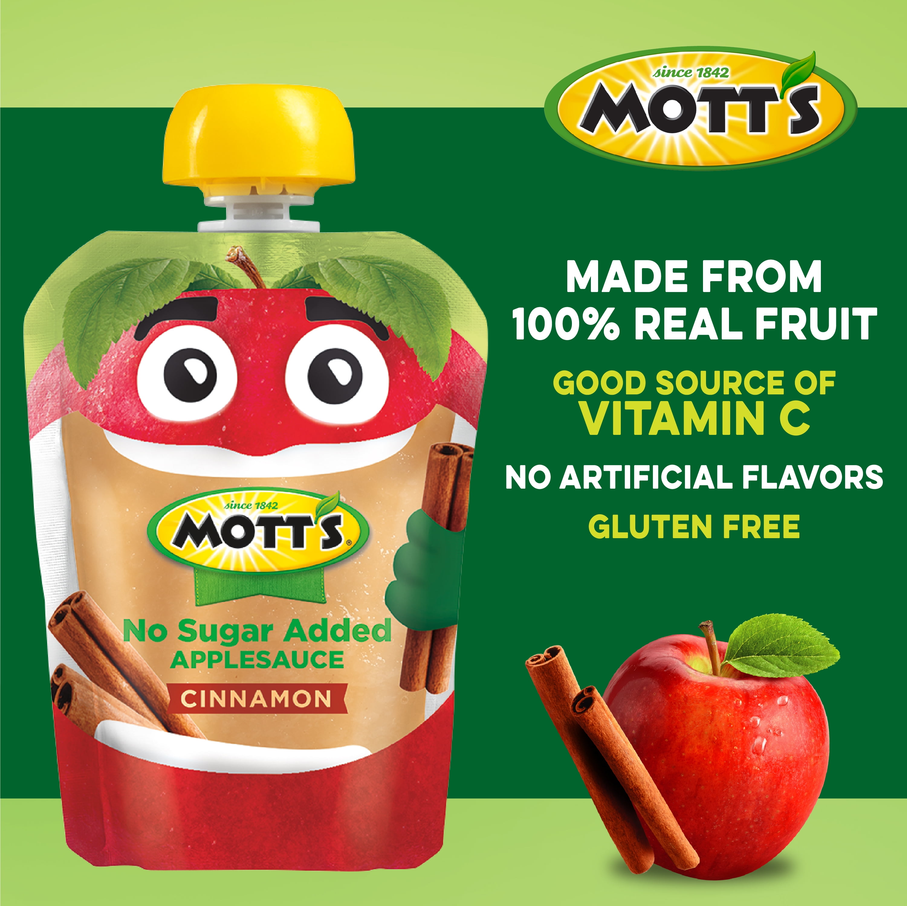 Mott's No Sugar Added Cinnamon Applesauce, 3.2 oz, 48 Count Clear Pouches (4 Packs of 12)