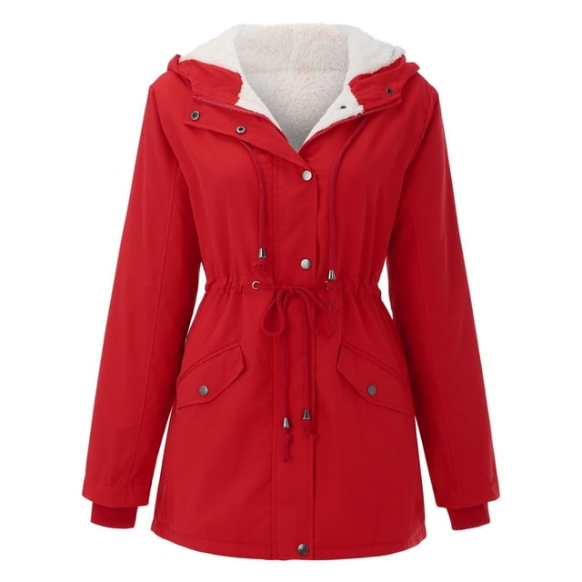 2DXuixsh Manteaux pour Femmes Mode à Capuche avec Cordon de Serrage Manteau en Peluche Chaud d'Hiver Veste Rembourrée Intérieure Slim à Fermeture Éclair Rouge Taille g