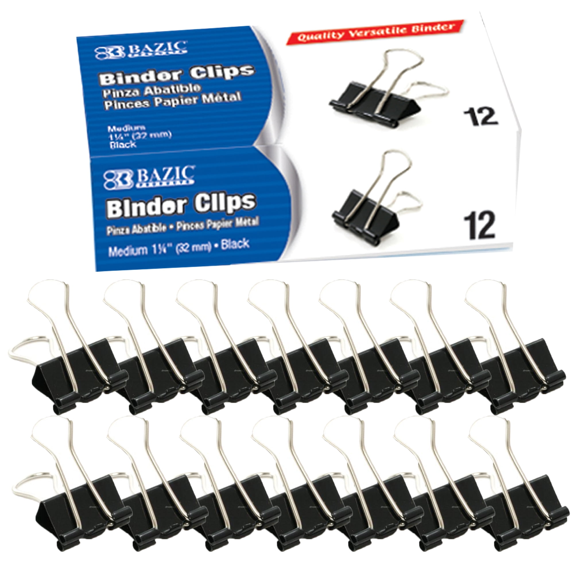 BAZIC Binder Clips Medium 1 1/4" (32mm) Black, Paper Clamps Paper Clip