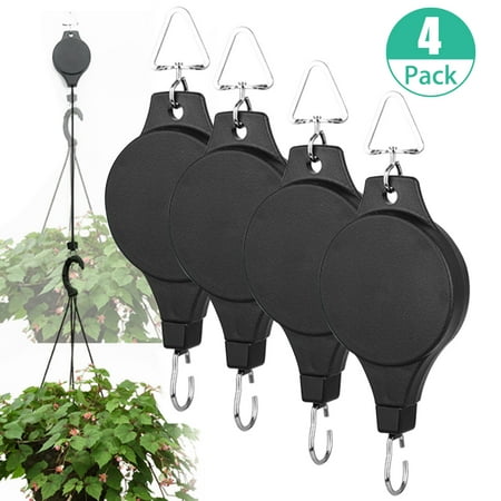 Flower Hangar 4-pack Plant Retractable Pulley, Hanger Hanging Planters Flower Basket Hook for Garden Baskets, Pots and Birds Feeder Hang (High Up and Pull Down) ()