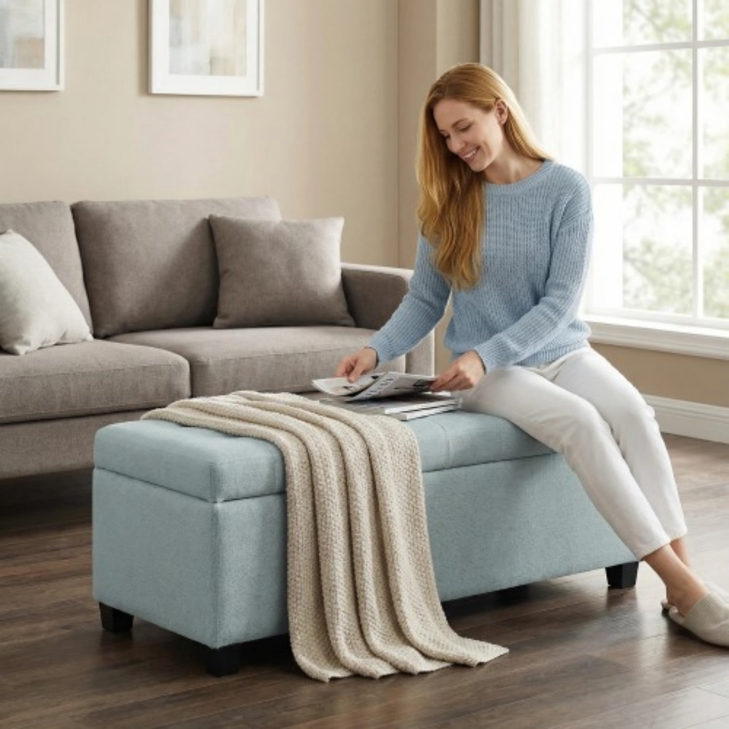 49.75" Storage Ottoman Bench, Tufted Entryway Bench with Safety Hinge, Wooden Legs Faux Leather Storage Seat for Bedroom Living Room, Baby Blue