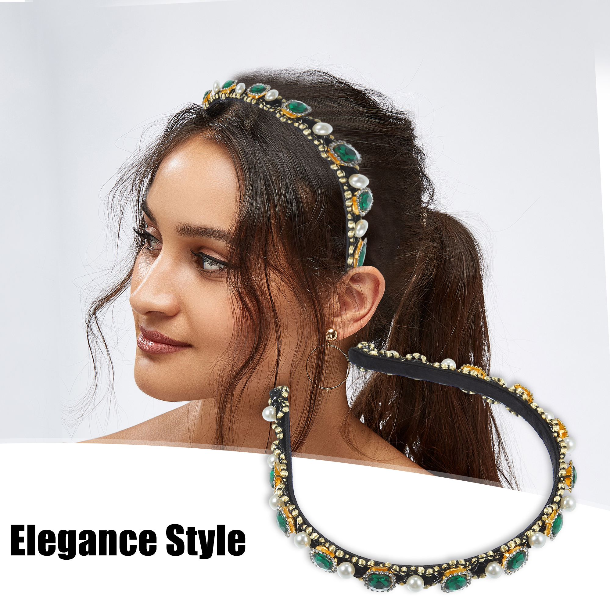Green Rhinestone Faux Pearl Wide-Brimmed Headband Green-headband-with-pearls-and  main image 2
