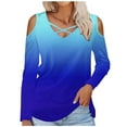 thumbnail image 2 of Black and Friday Clothing Sales Idoravan Long Sleeve Shirts for Women Winter Women's Printed Off Shoulder Fashion Long Sleeve Top Blue S, 2 of 4