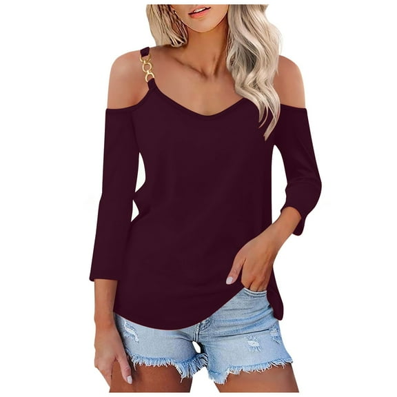 Tops for Women Trendy Long Sleeve Dress Shirt for Women Long Fitted Shirts Sheer Shirts Color Top round 3/ 4 Sleeve Tee Loose Shirt Short Blouses Business Casual Wine M
