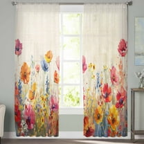 Sheer Curtains 63 inches Long, Red Pink and Yellow Poppy Oil Painting Floral Retro Linen Light Filtering Sheer Window Curtains Rod Pocket Voile Drapes for Bedroom Living Room, 52"W x 63"L 2 Panels