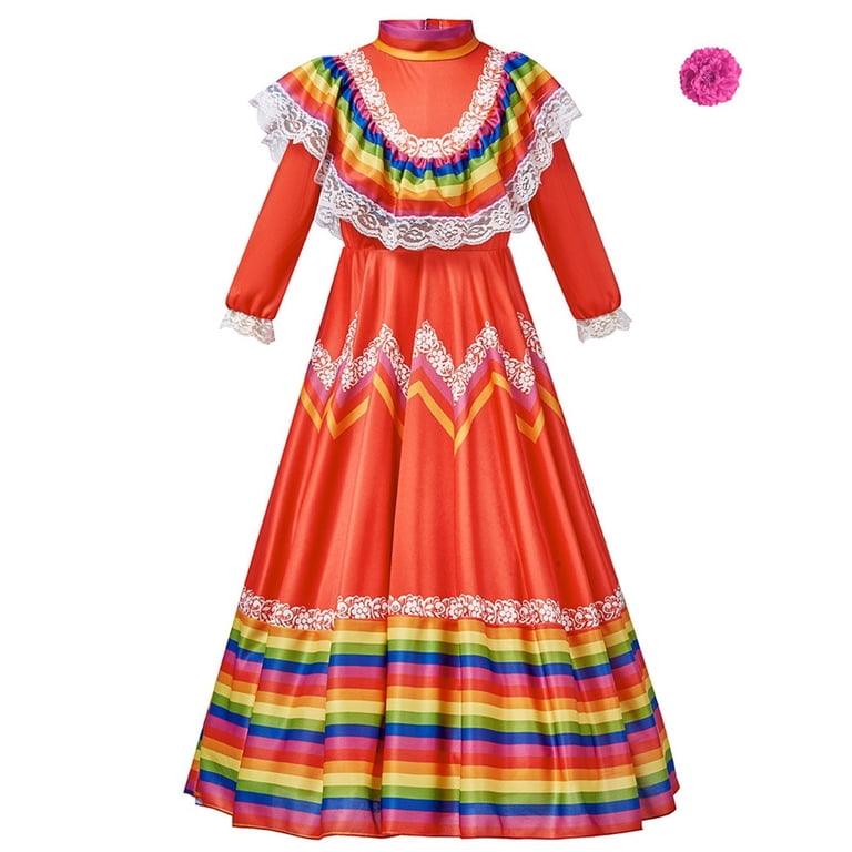 Coerni Kids Girls Mexican Traditional Dress National Long Sleeve Dance Dress With Headdress Flower Carnival Birthday Party Dress Coerni Kids Girls Mexican Traditional Dress National Long Sleeve Dance Dress With Headdress Flower Carnival Birthday Party Dress