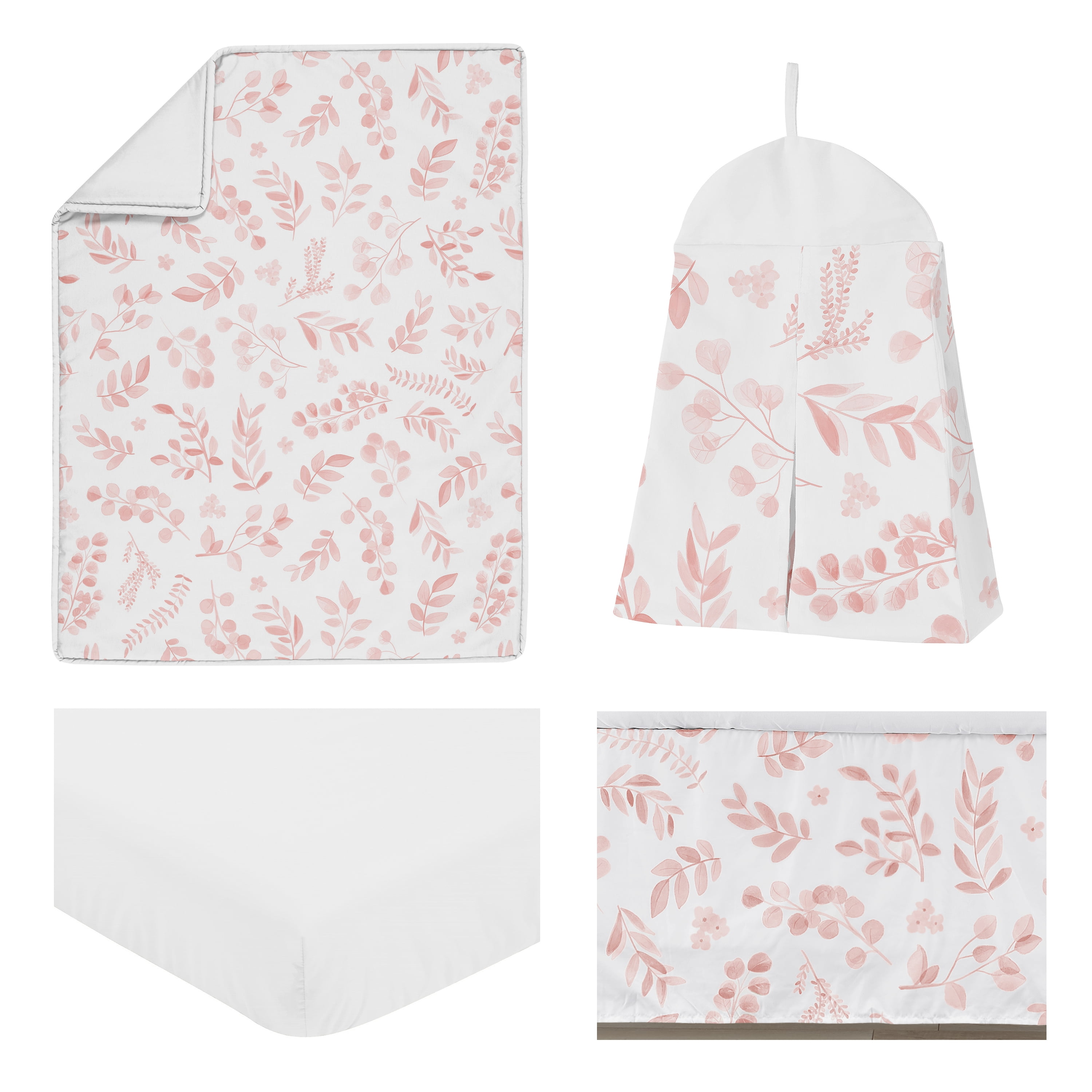Sweet Jojo Designs Botanical Pink and White 4 Piece Crib Bedding Set