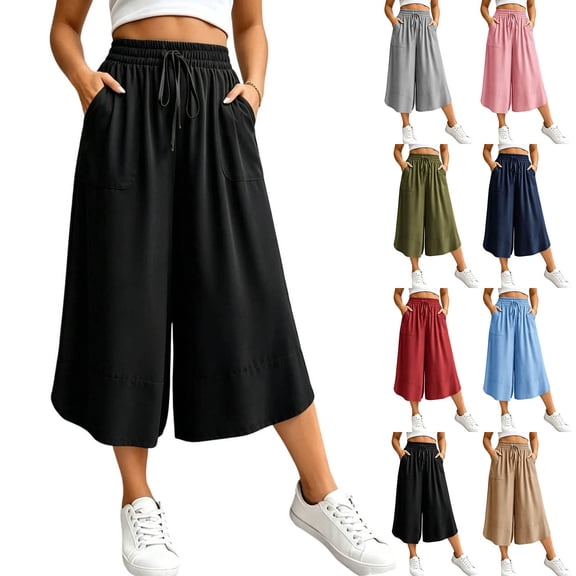VBVC Women's Drawstring Wide Leg Capri Pants , Summer Curved Hem Culottes For Women , Ladies' Loose Fit Cropped Trousers with Pockets,Green,S-3XL