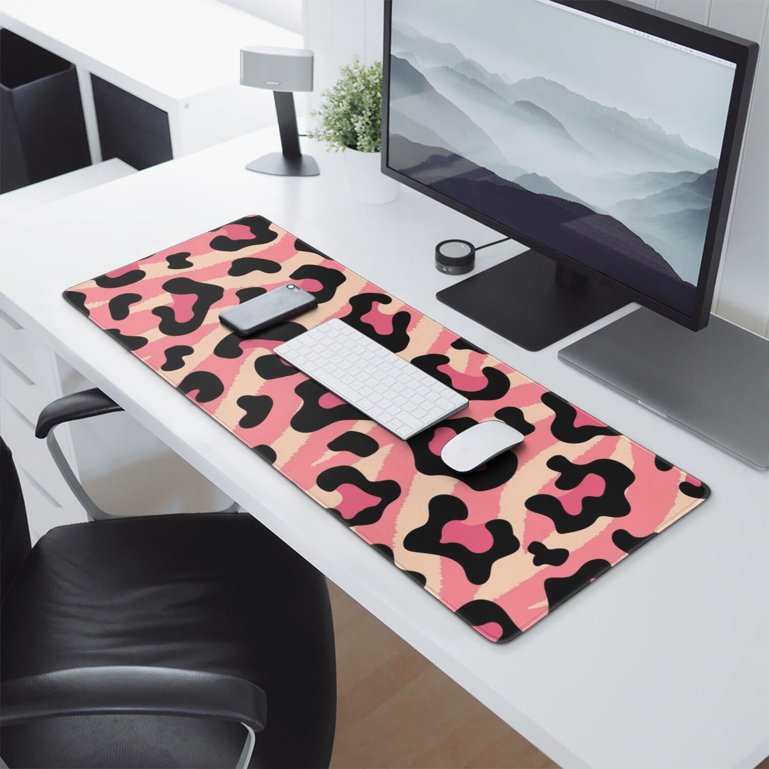 Long Mouse Pads for Desk,Pink and Black Of Leopard Print Desk Mats on Top Of Desks, Desk Mouse Pad Extra Large with 3mm Non-Slip Base and Stitched Edge for Gaming,Office,Work,Home 31.5"x11.8"
