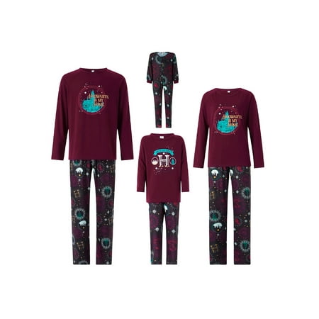 

Nokpsedcb Christmas Pajamas for Family Parent-child Outfits Letter Castle Printing Long Sleeve Round Collar Sleepwear Wine Red Mom-M