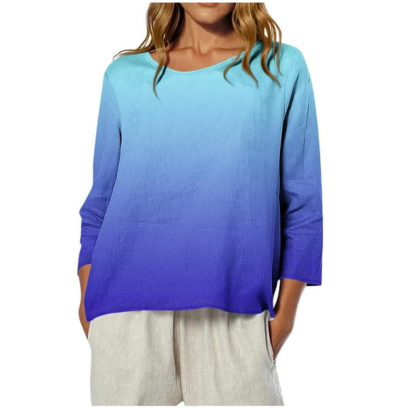 JGGSPWM Women's Striped Gradient Printed Round Neck Fashion Loose Soft Comfortable Casual 3/4 Sleeve Curved T-Shirt Top Blue S