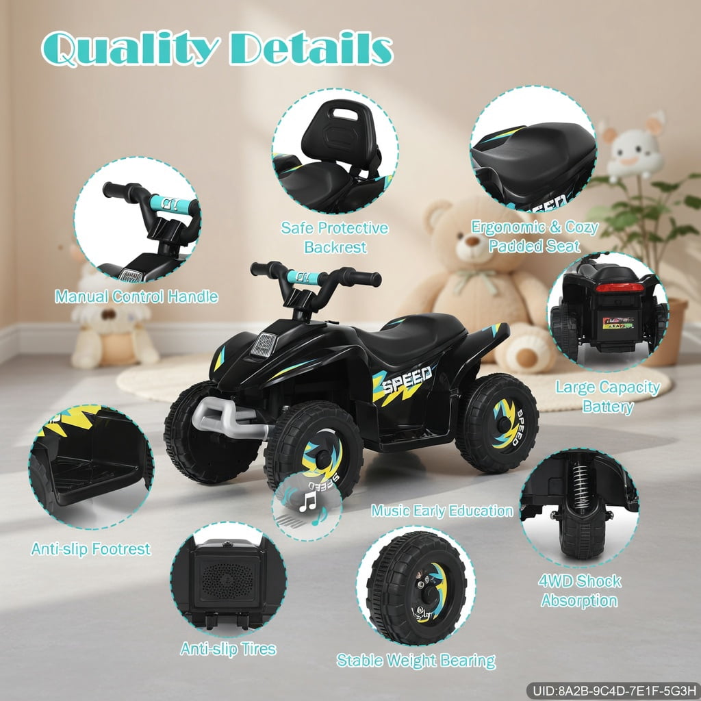 Resenkos 6V Kids Ride on Electric ATV, Ride Car with 4 Wheels, Ride-on Toy for Toddlers 1-3 Boys & Girls, Black