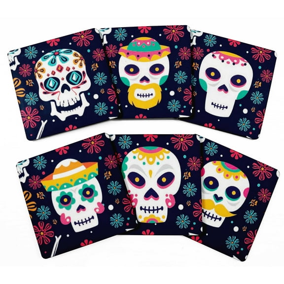 Inkdotpot Set of 6 Drink Coasters Easy Clean 4-inch SquareCoastersCork Base,Reusable,Skull
