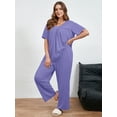 thumbnail image 5 of SHOWMALL Plus Size Outfit Set for Women, Purple Gray 5X Short Sleeve Pleated Top & Pocket Pants, Soft Double-Brushed Matching Lounge Pajama Set, 5 of 8