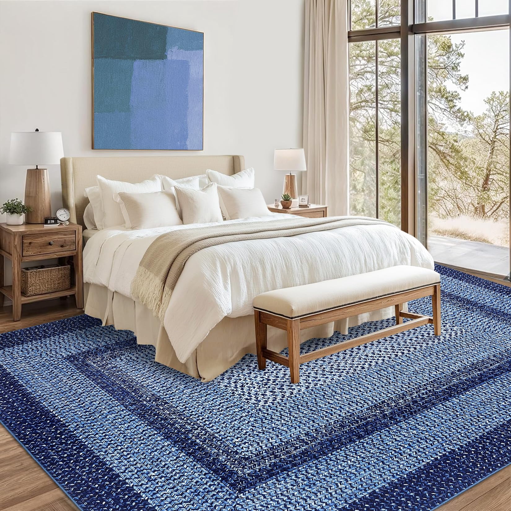Modern Washable Area Rug 6'x9' Vintage Braided Print Non-Slip Low Pile Carpet for Living Room Bedroom Home Office, Navy Blue