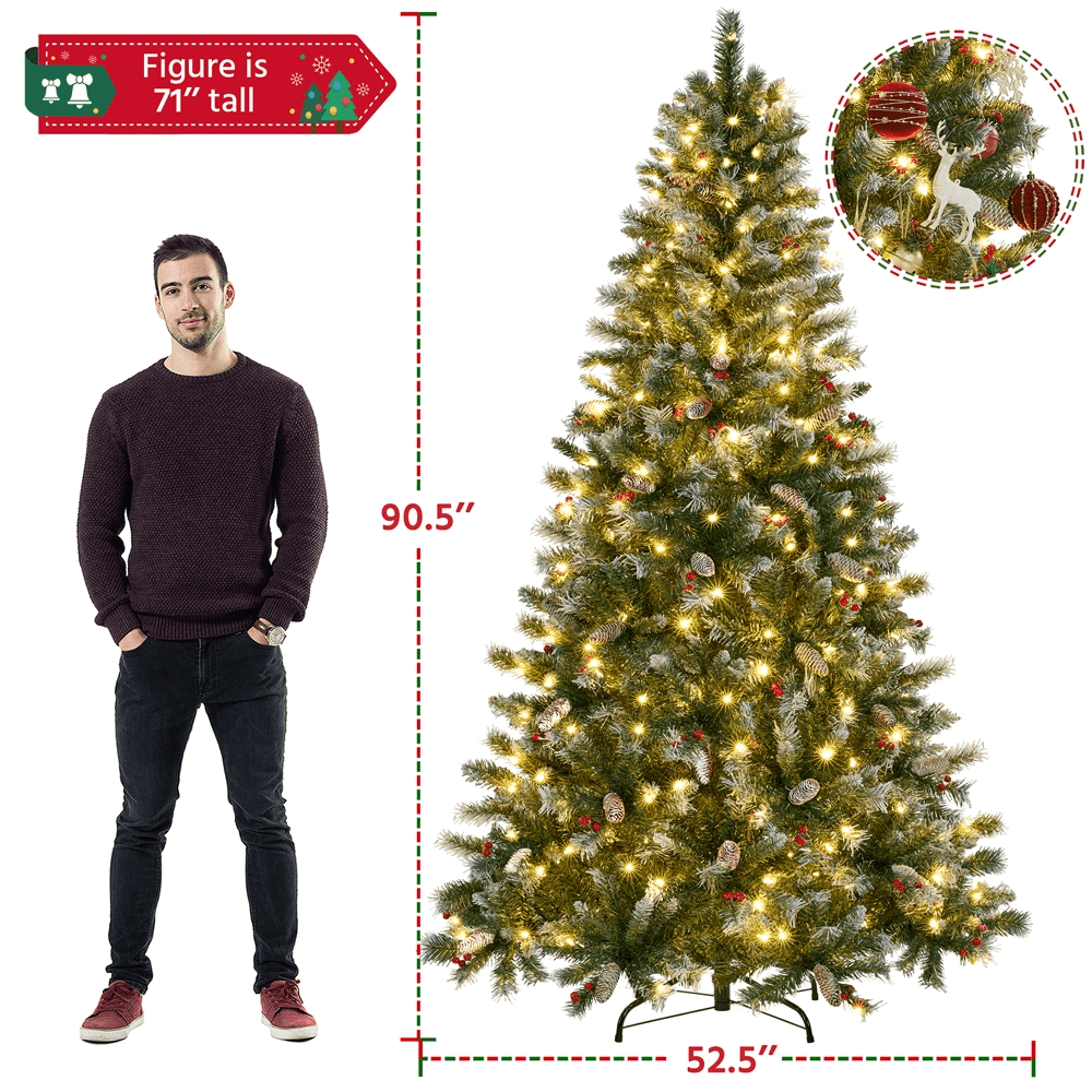 Alden Design 7.5ft Pre-lit Frosted Artificial Christmas Tree with Pinecones, Green