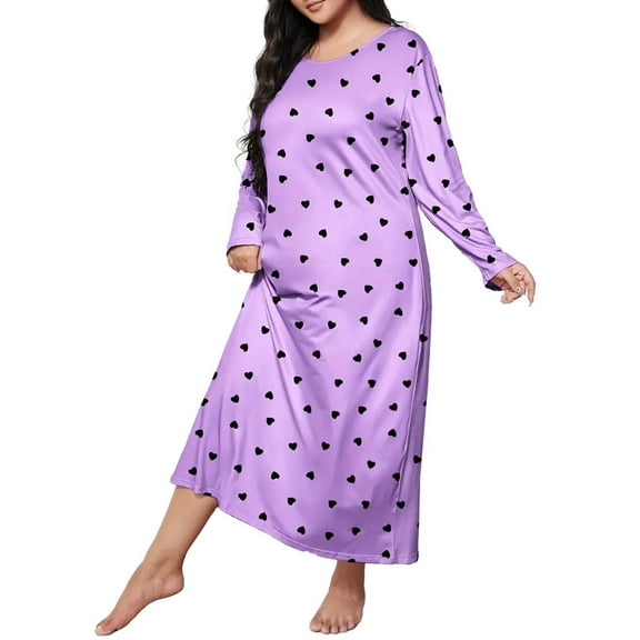 Plus Size Casual Sleep Dress Women's Plus Heart Print Long Sleeve Round Neck Stretch Loose Nightdress