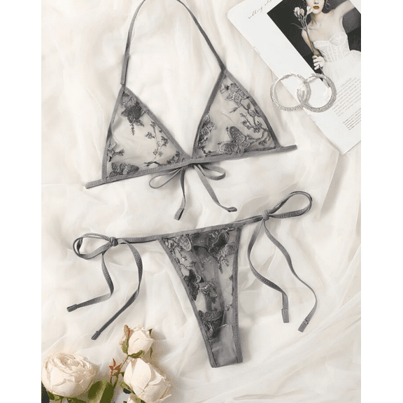 Grey Lingerie Set Sheer Butterfly