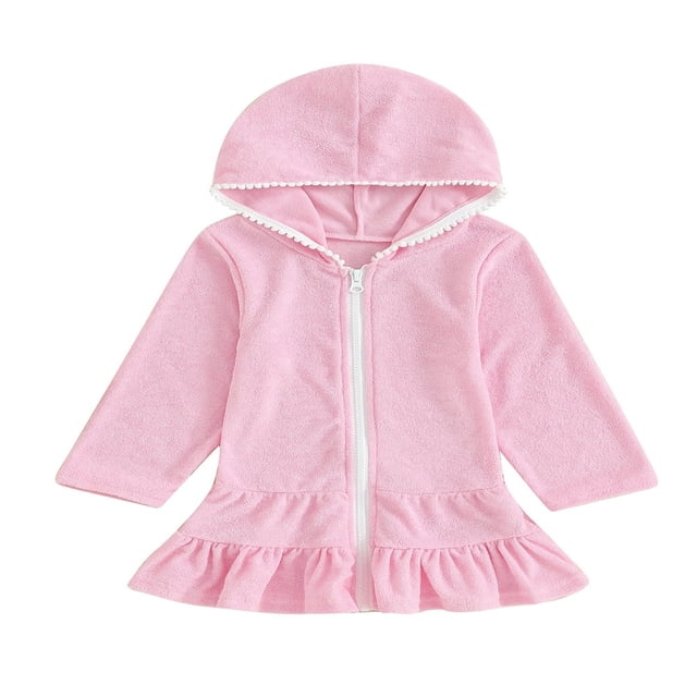 Robe à Capuchon pour Fille, Couleur Unie, à Volants, à Fermeture Éclair, Manches Longues, Robe de Plage