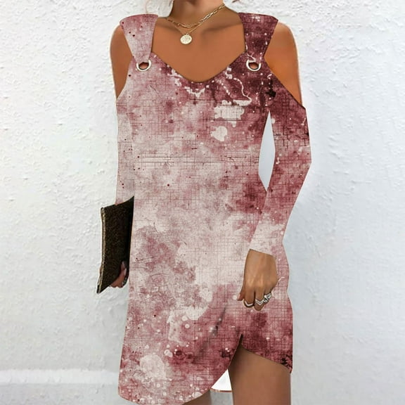 WXLWZYWL Ladies Evening Dresses Casual Halloween Printed Dress Long Sleeve Strapless Dress Fashion Round Neck Suspender Off Shoulder Dress