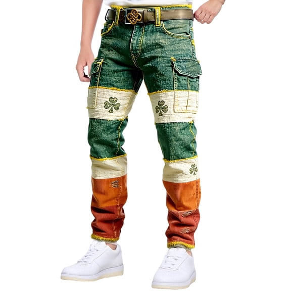CONZONE St. Patrick's Day Mens Baggy Cargo Shorts Green Clover Graphic Buttons Cargo Pants for Men Lightweight Relaxed Fit Streetwear Workout Trousers With Pockets