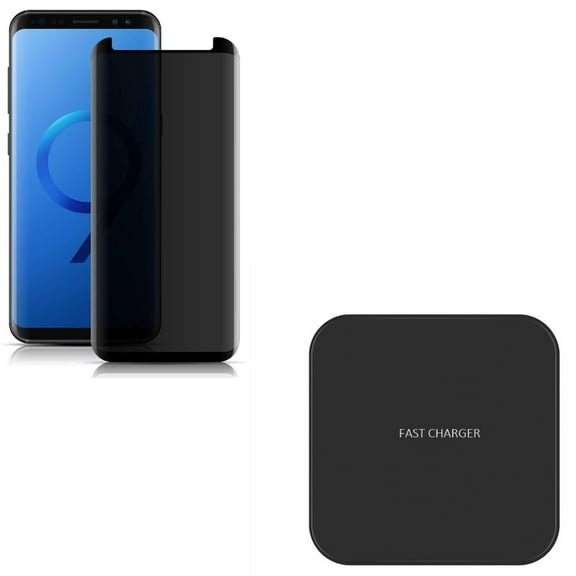 Compatible With Samsung Galaxy S9 - 3D Privacy Glass Screen Protector Tempered Anti-Peep w 7.5W and 10W Fast Charge Wireless Charger Slim Charging Pad