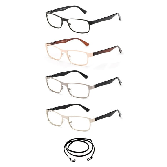 4 PairsNewbee Fashion - "Ultaz" Slim Fit Squared Spring Hinge Premium Reading Glasses with Landyard,  1.50