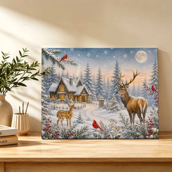 Christmas Snowy Forest Canvas Wall Art, Winter Deer Farm Cardinal Pine Trees Wall Art Prints Artwork Framed Canvas Ready to Hang Art Pictures for Bathroom, Dressing Table, Entryway 12" x 8"